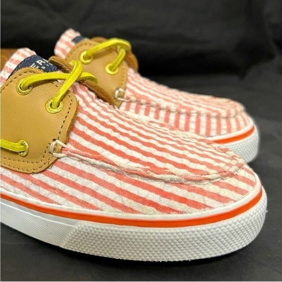 Seersucker Coral White Stripe Boat Shoes Women Size 8 New In Box Sperry Top Line - Picture 2 of 6
